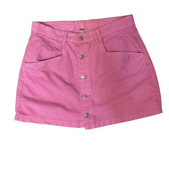 FREE PEOPLE Ray Corduroy Mini Skirt Sz 12 Pink Button Up High Rise 100% Cotton - Picture 2 of 4